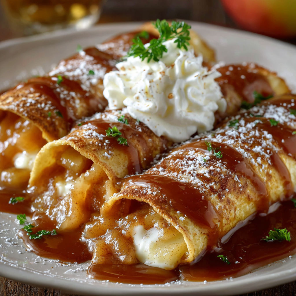 A plate of crepes with whipped cream and a sprig of parsley on top.