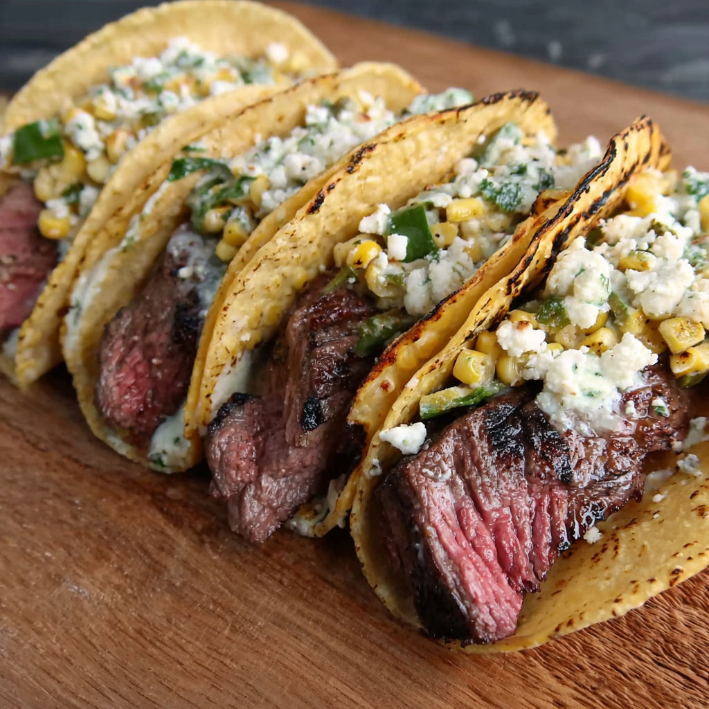A delicious meal of steak and corn tacos is displayed on a wooden table.