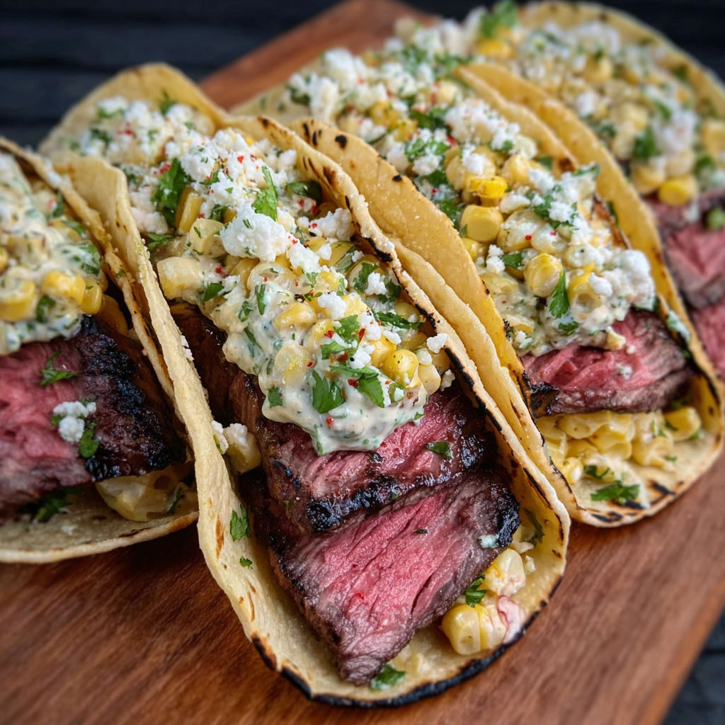 A delicious meal of steak and corn on the cob is served on a wooden table.