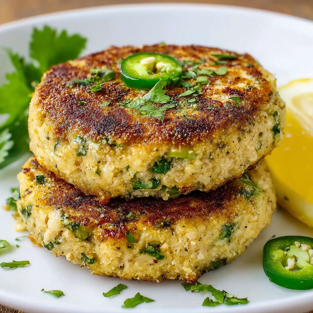 Two tuna cakes with jalapenos and cilantro on a white plate.