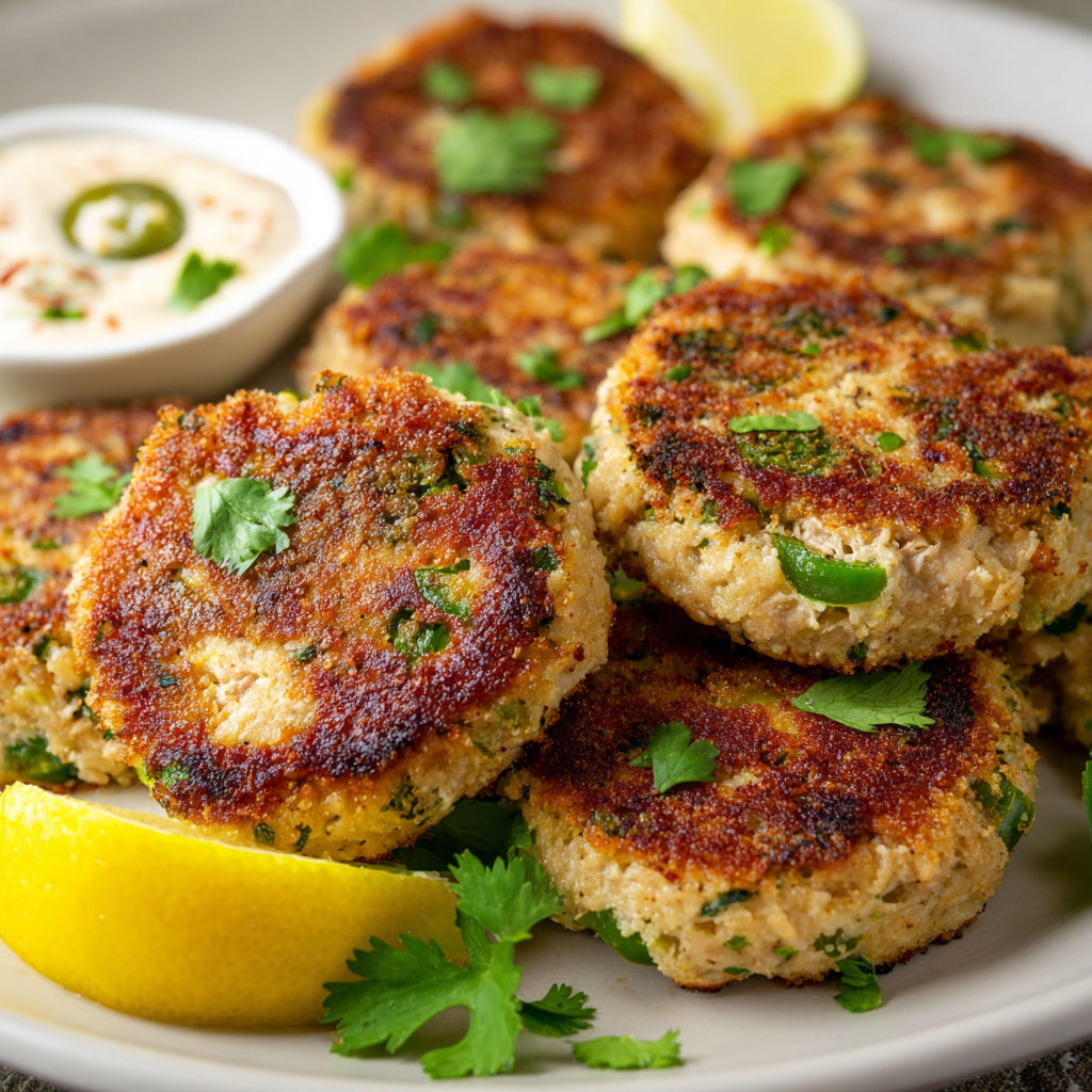 A plate of tuna cakes with jalapenos and cilantro, accompanied by a lemon wedge.