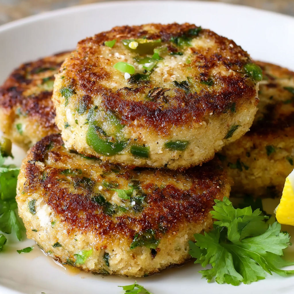 A plate of tuna cakes with jalapenos and cilantro on top.