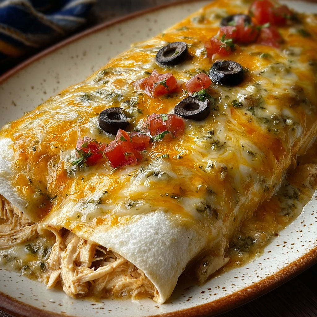 A delicious Queso Chicken Enchilada is served on a plate.