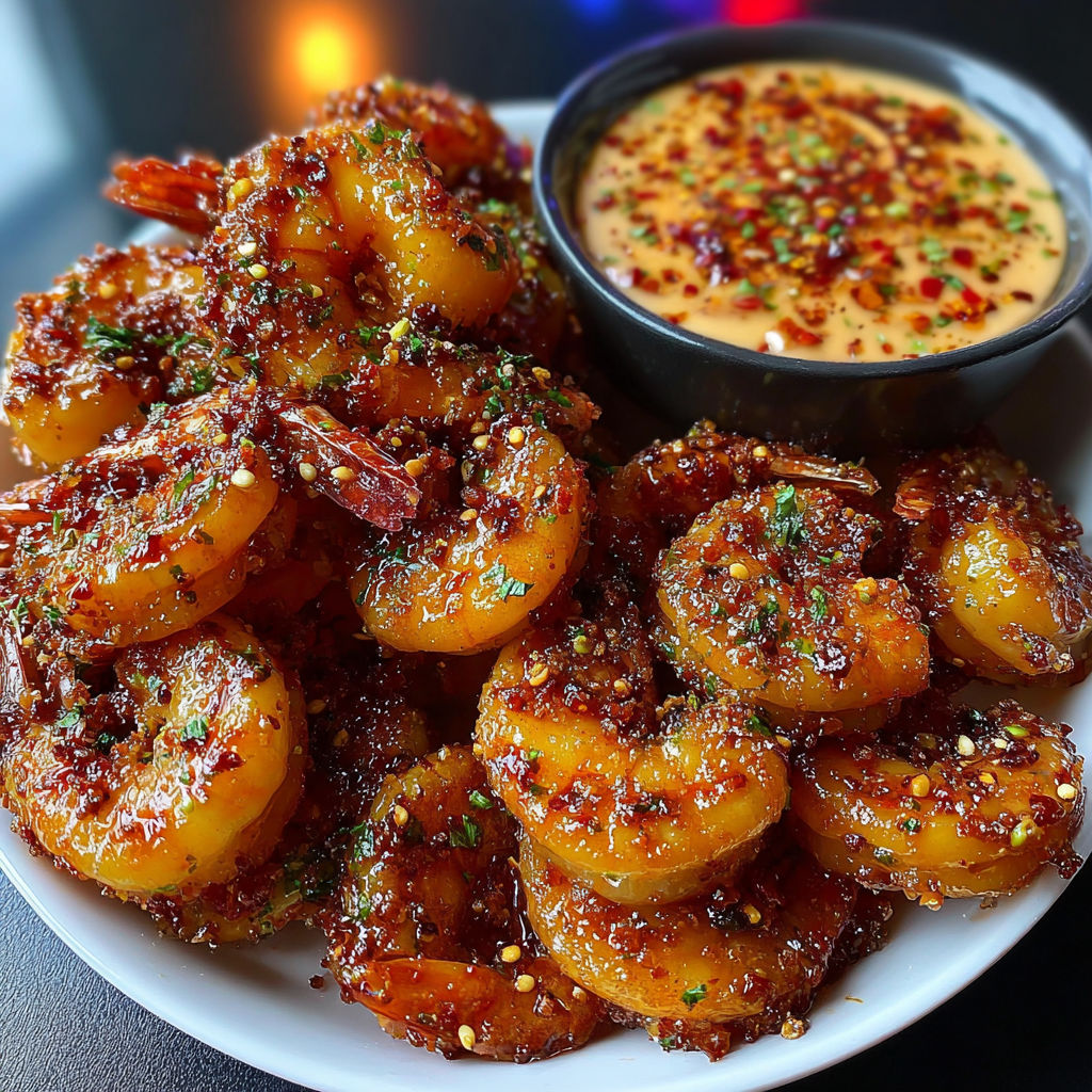 A plate of Crispy Honey Butter Shrimp with Sweet Chili Dip.