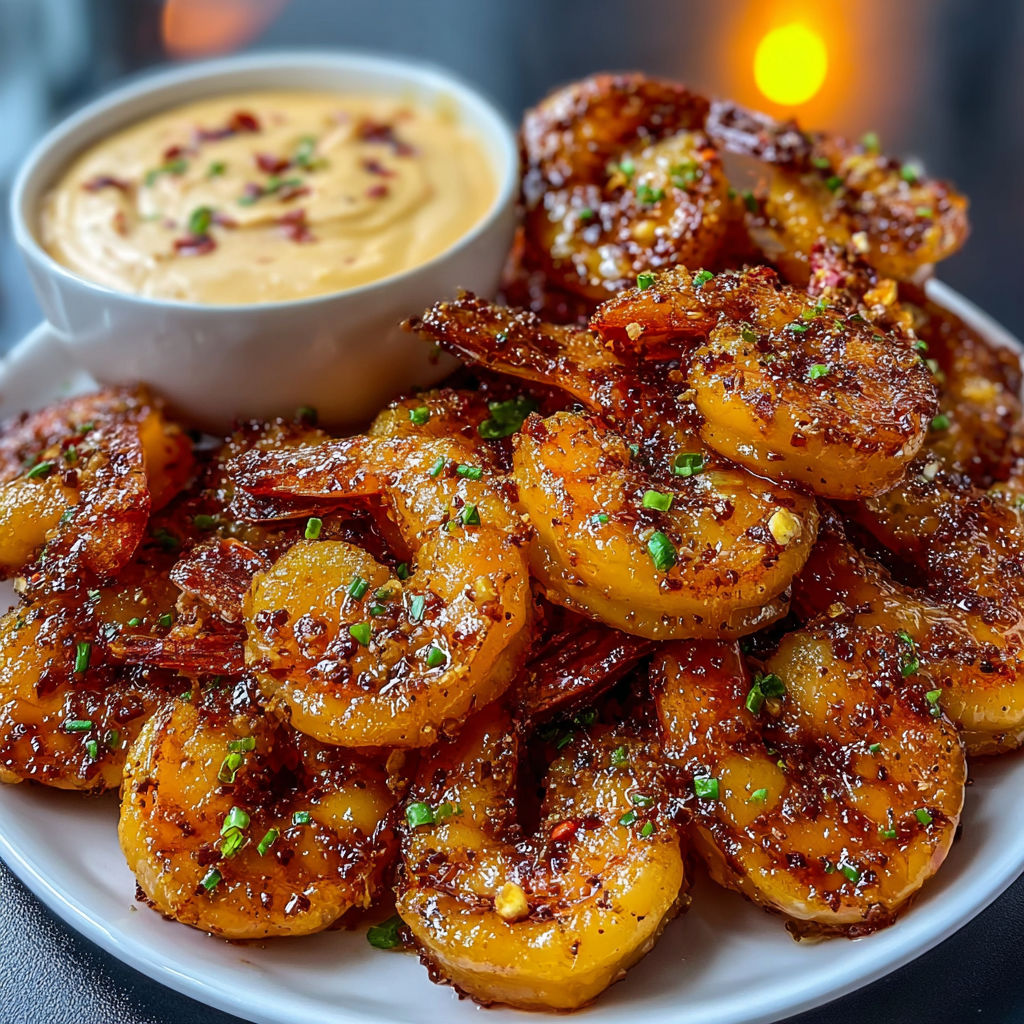 A plate of shrimp with a dipping sauce on the side, served with a side of garlic sauce.