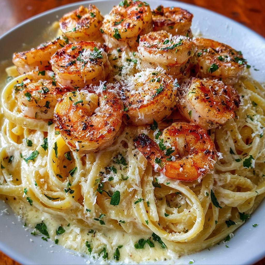 A plate of Creamy Garlic Parmesan Shrimp Pasta with shrimp and pasta on a white plate.