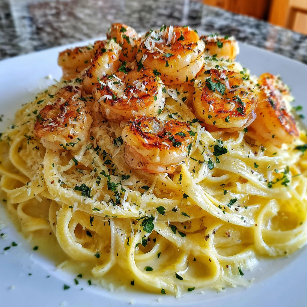 A plate of shrimp and pasta with a white plate and a fork on the side.