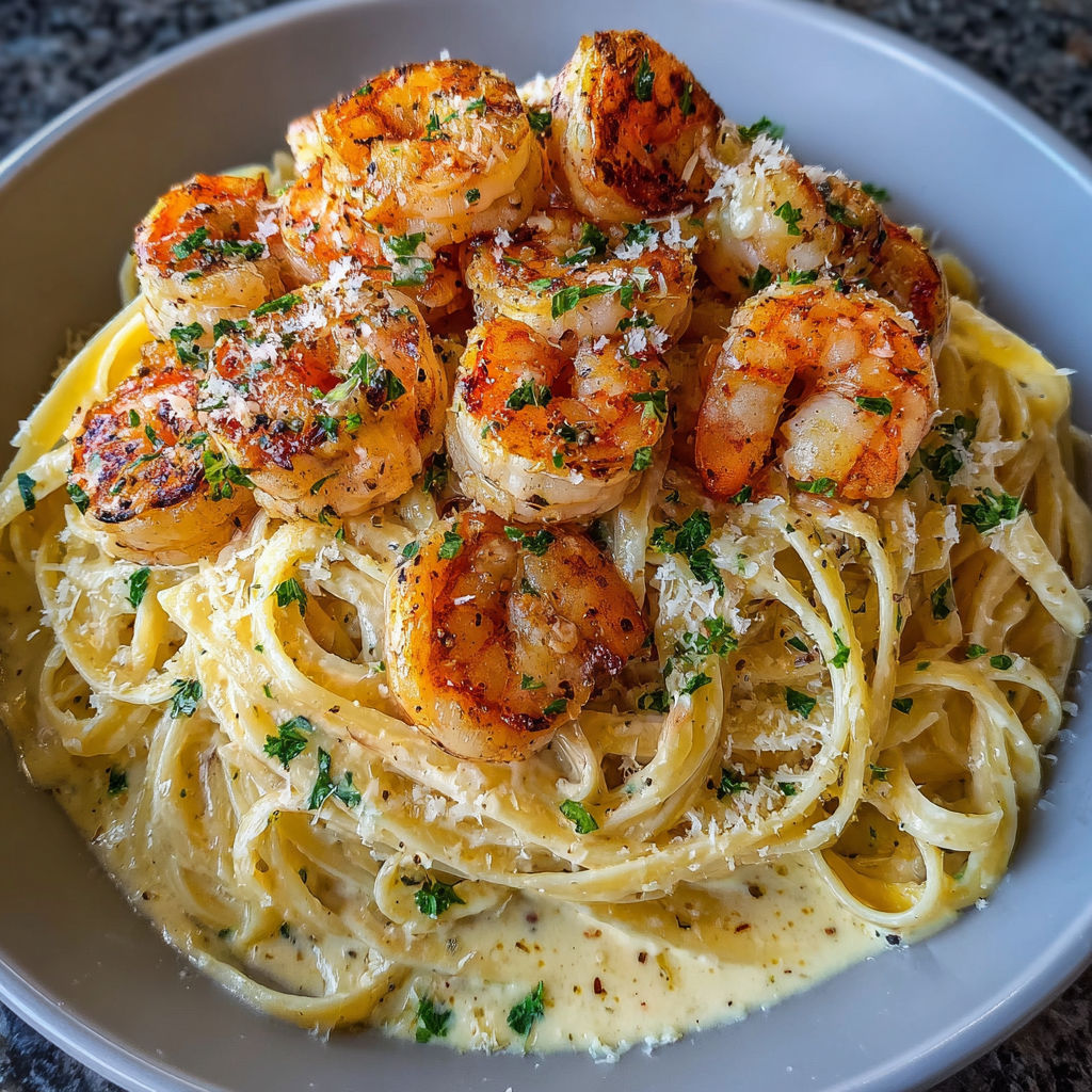 A bowl of pasta with shrimp and cheese on top.