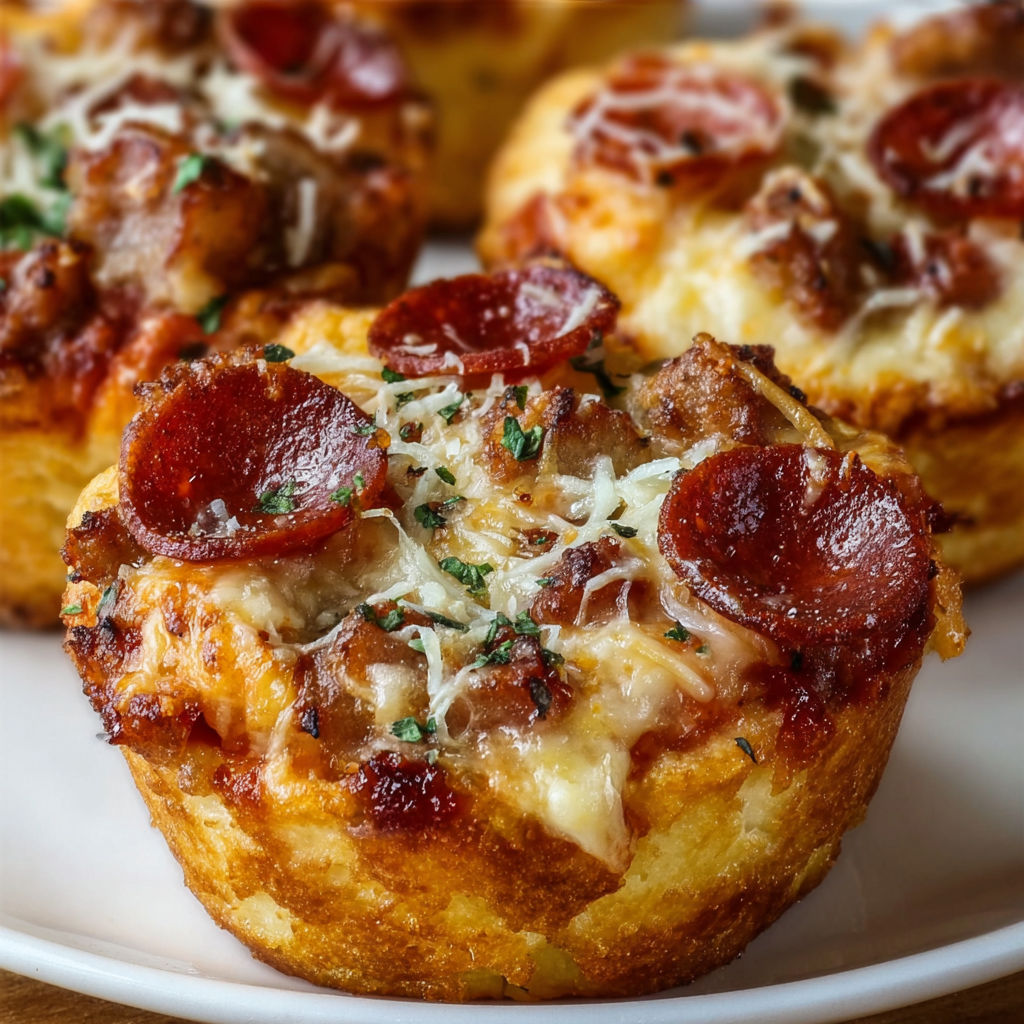 Mini deep dish pizzas with pepperoni and cheese toppings.