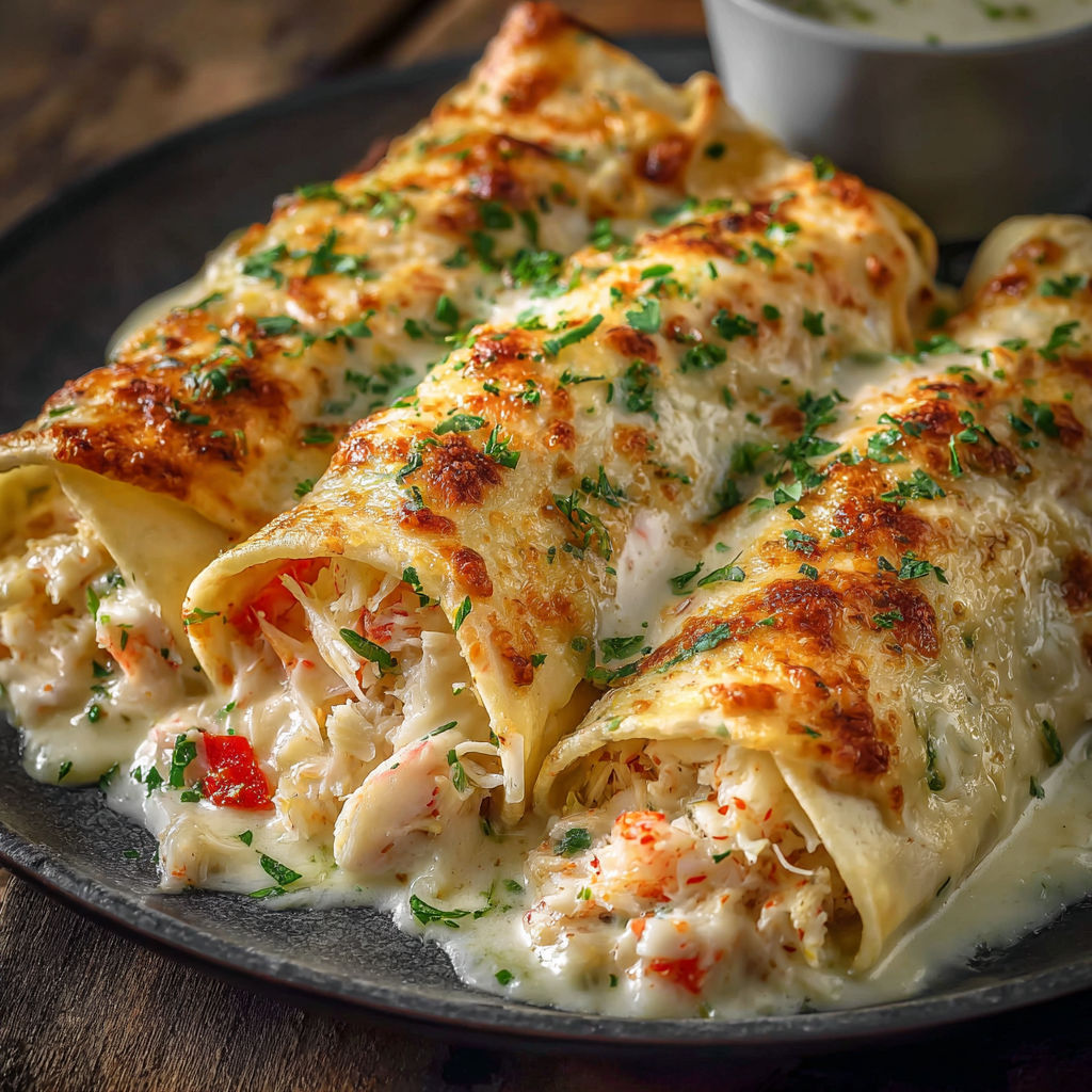A plate of Crab & Shrimp Queso Fiesta Rolls is served on a wooden table.