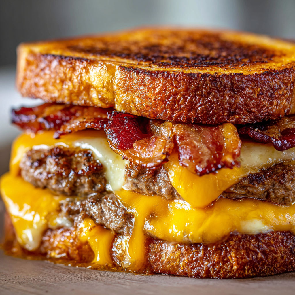 A delicious French Toast Bacon Cheeseburger is stacked high with cheese and bacon.