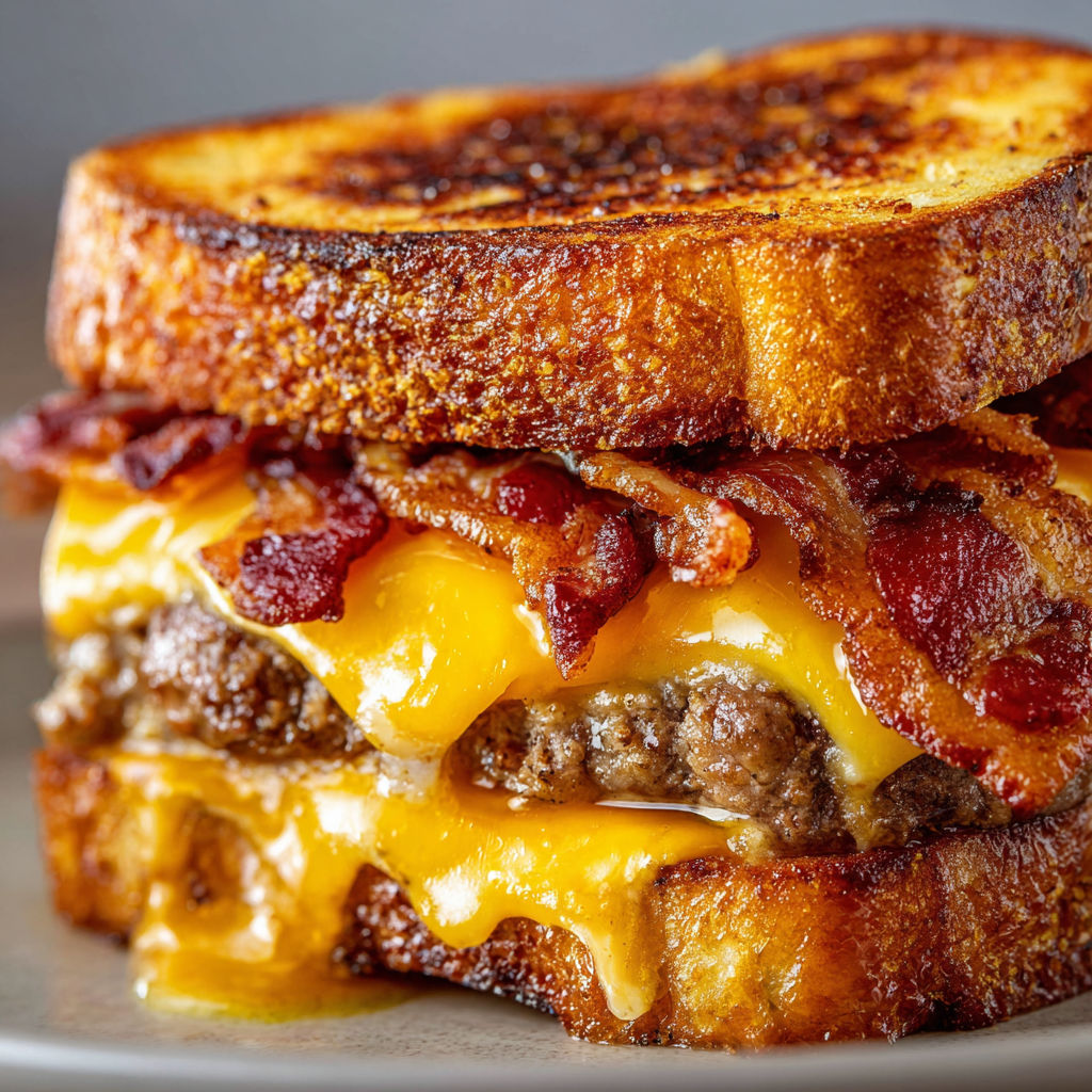 A French Toast Bacon Cheeseburger is served on a plate.