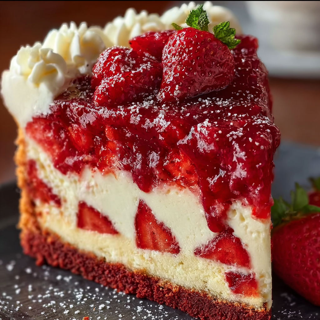 A slice of Red Velvet Strawberry Cheesecake is displayed on a plate.
