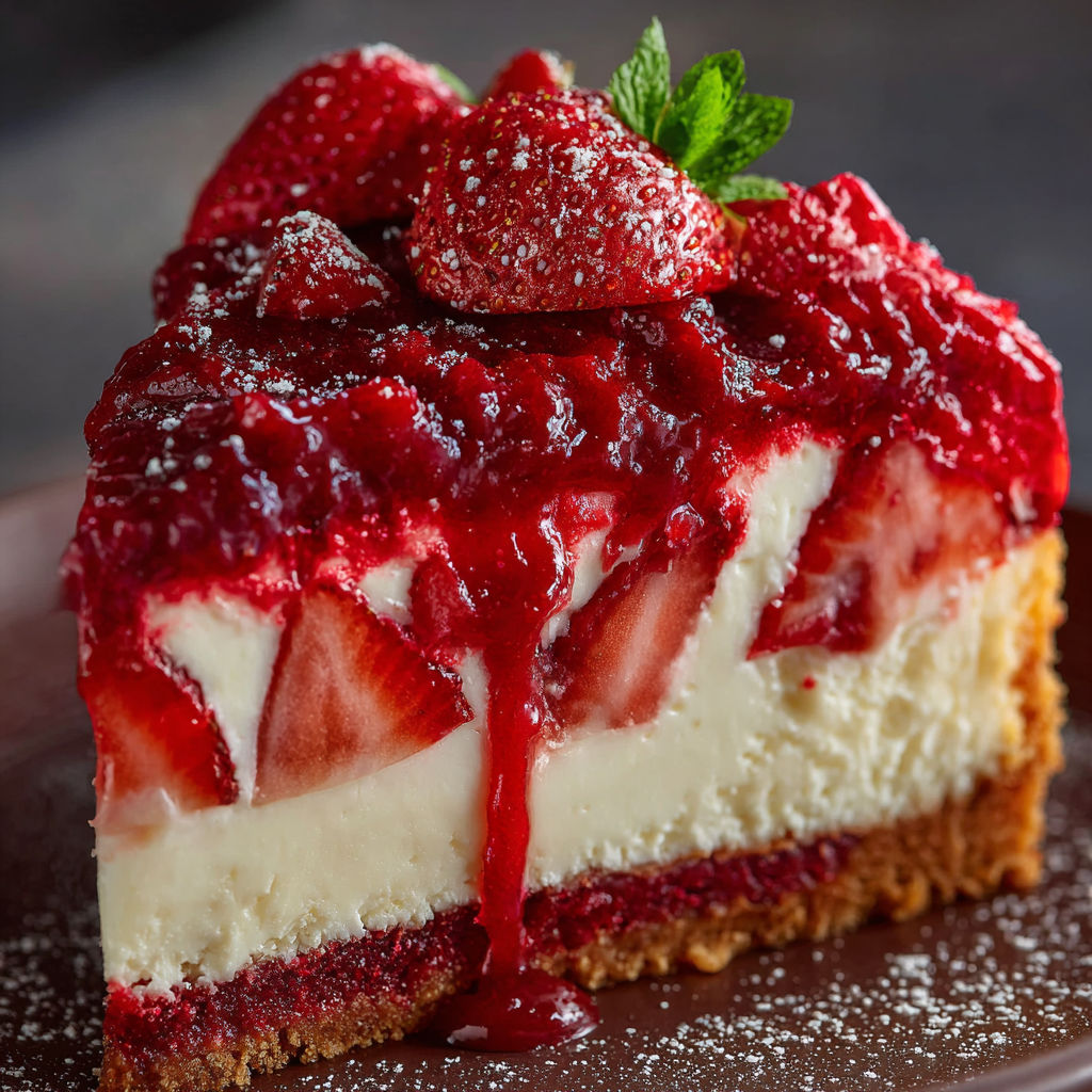 A slice of Red Velvet Strawberry Cheesecake with a drizzle of strawberry sauce.