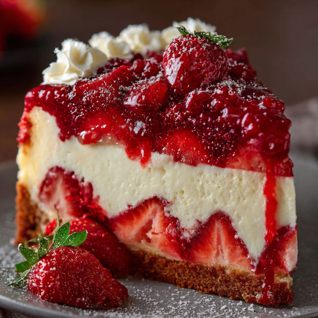 A slice of Red Velvet Strawberry Cheesecake with a strawberry on top.