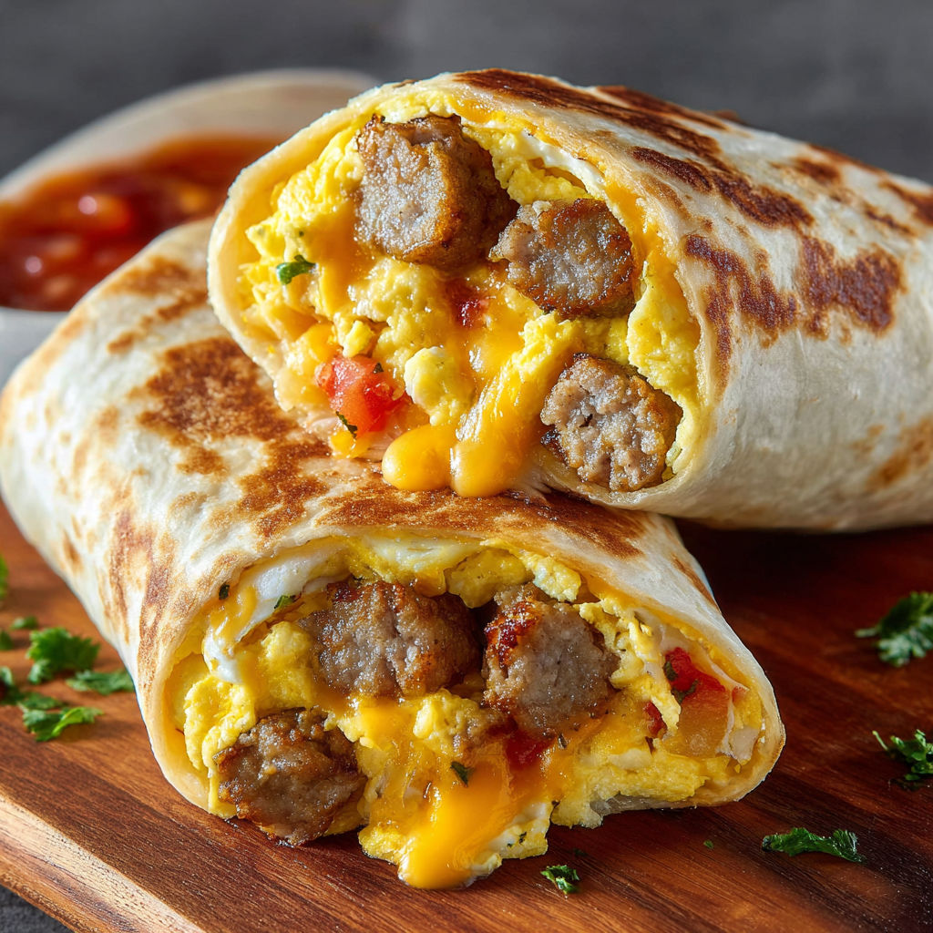 A delicious cheesy sausage egg wrap is served on a wooden platter.
