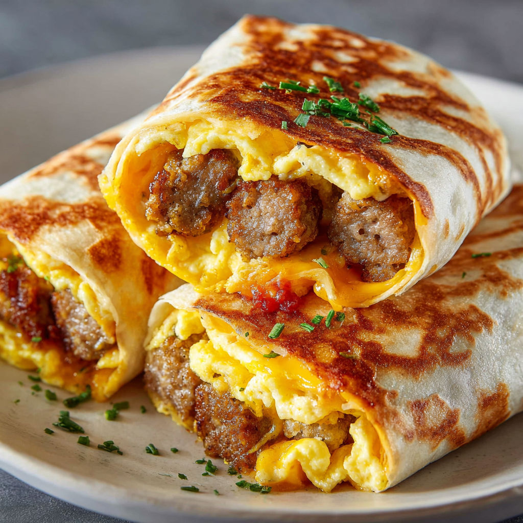 A delicious breakfast burrito filled with eggs, sausage, and cheese.