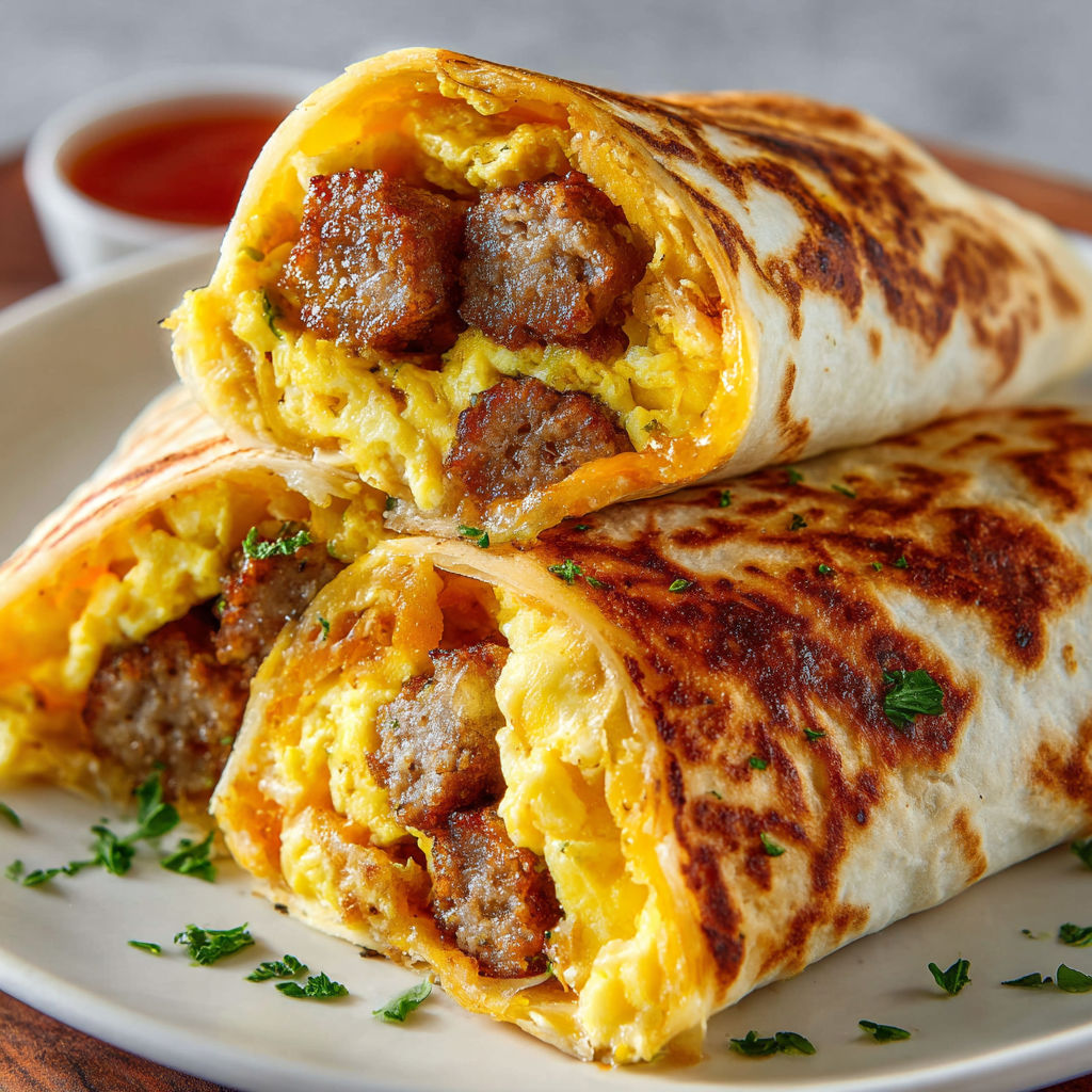 A breakfast burrito filled with eggs, sausage, and cheese is served on a plate.