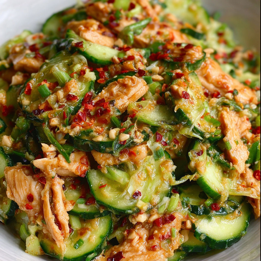 A dish of Thai Cucumber Salad with Chicken, featuring a mix of cucumbers, chicken, and spices.