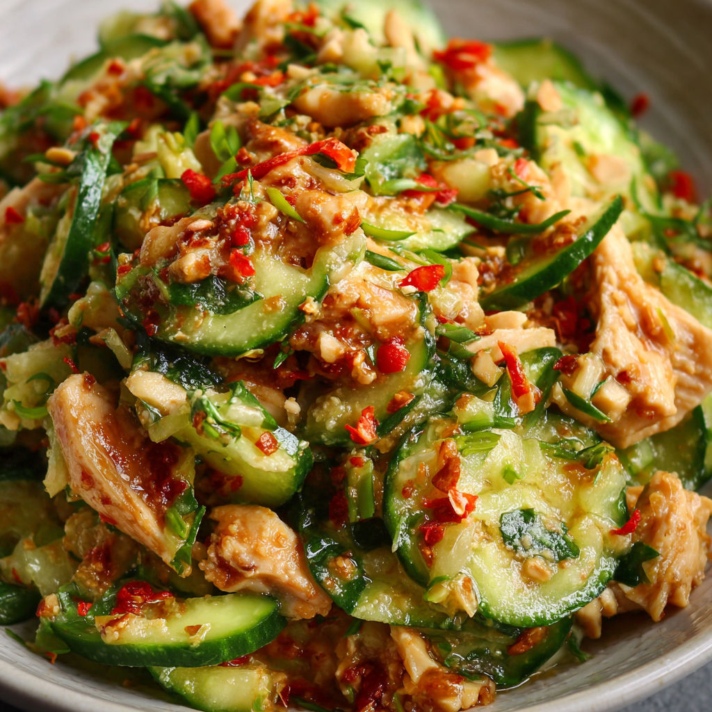 A bowl of Thai Cucumber Salad with Chicken, featuring a mix of cucumbers, chicken, and spices.
