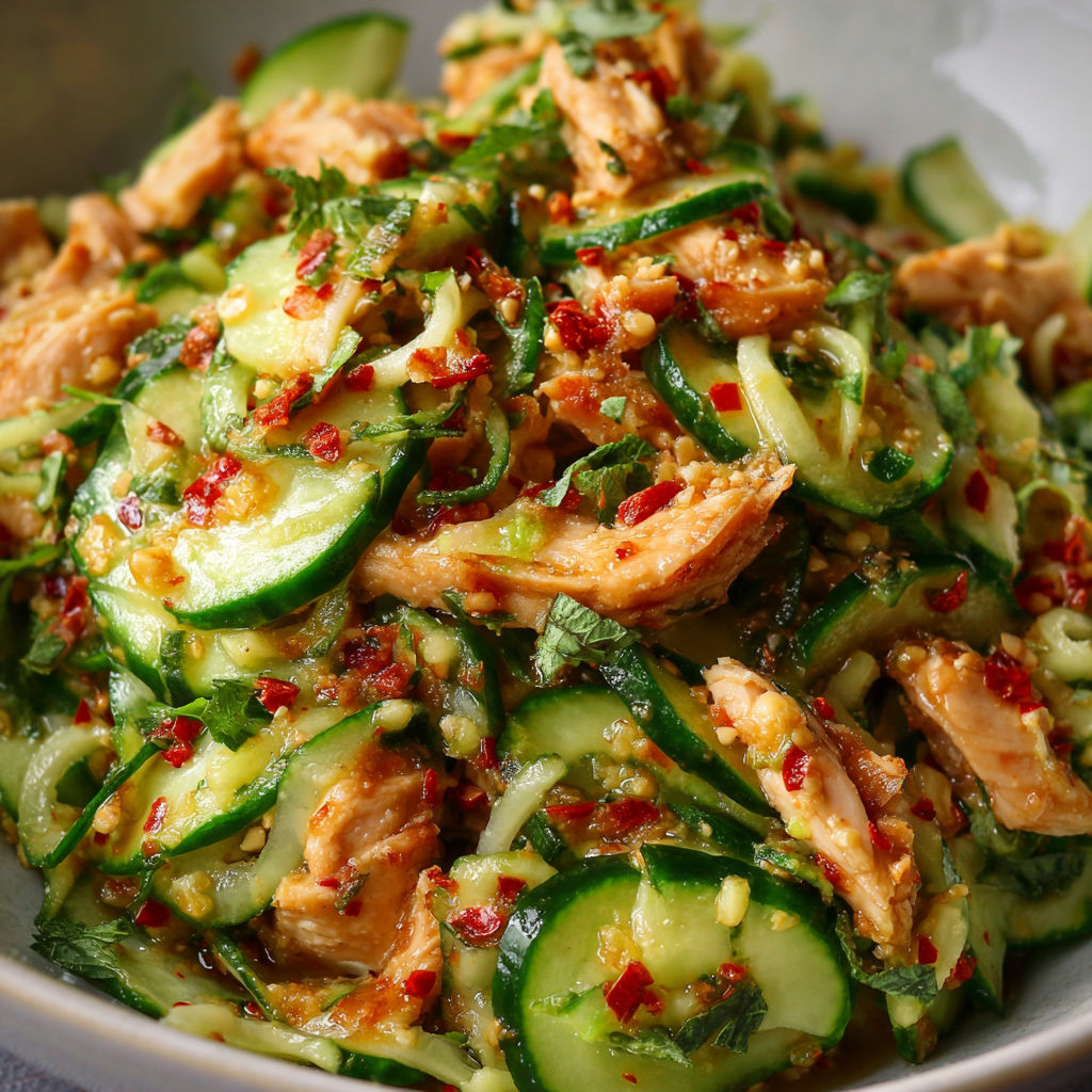A bowl of Thai Cucumber Salad with Chicken, featuring cucumbers, chicken, and a spicy sauce.