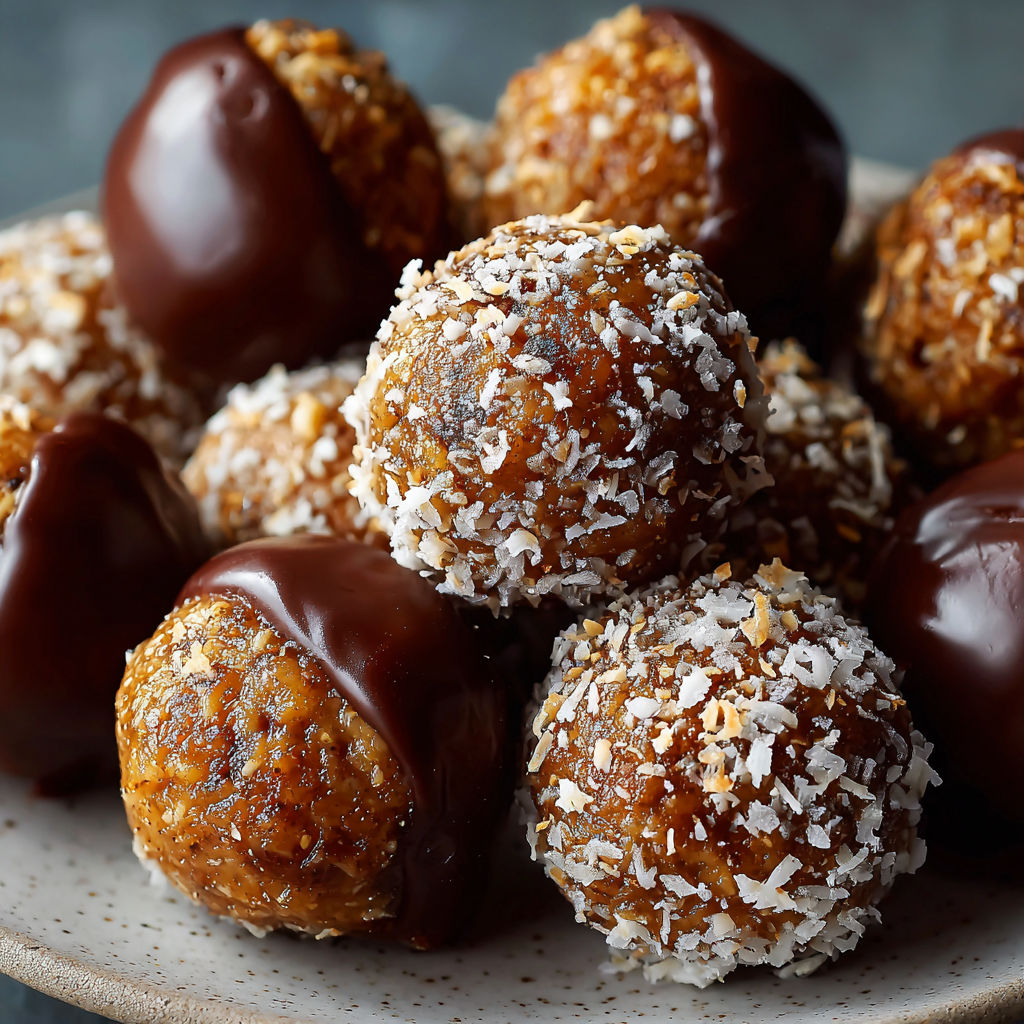 A plate of chocolate-covered balls, likely made with a recipe called Decadent Skrewball Whiskey Balls, is displayed on a table.
