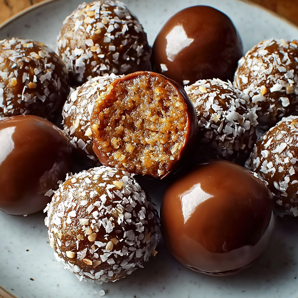 A plate of chocolate covered balls with a sprinkle of coconut on top.