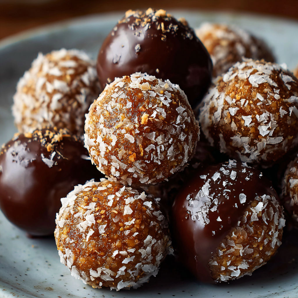 A plate of chocolate covered balls with coconut on top, likely a dessert or snack.