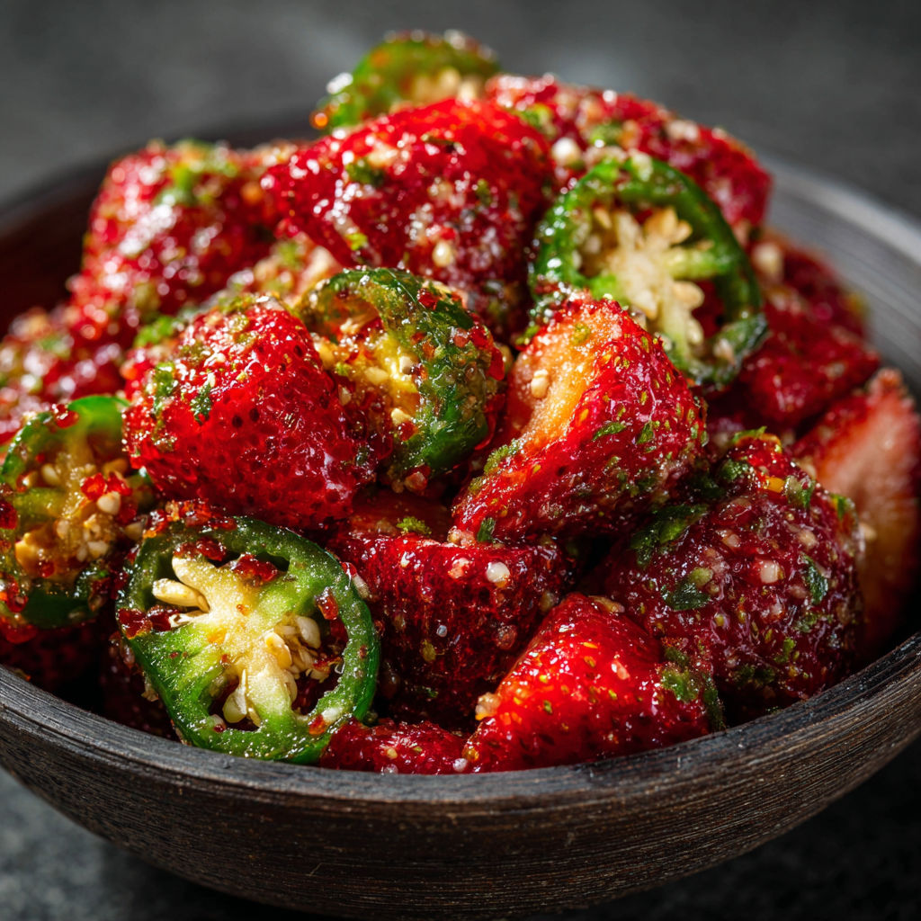 A bowl of sliced strawberries and jalapenos, with a spoonful of sugar, creates a delicious and refreshing fruit salad.