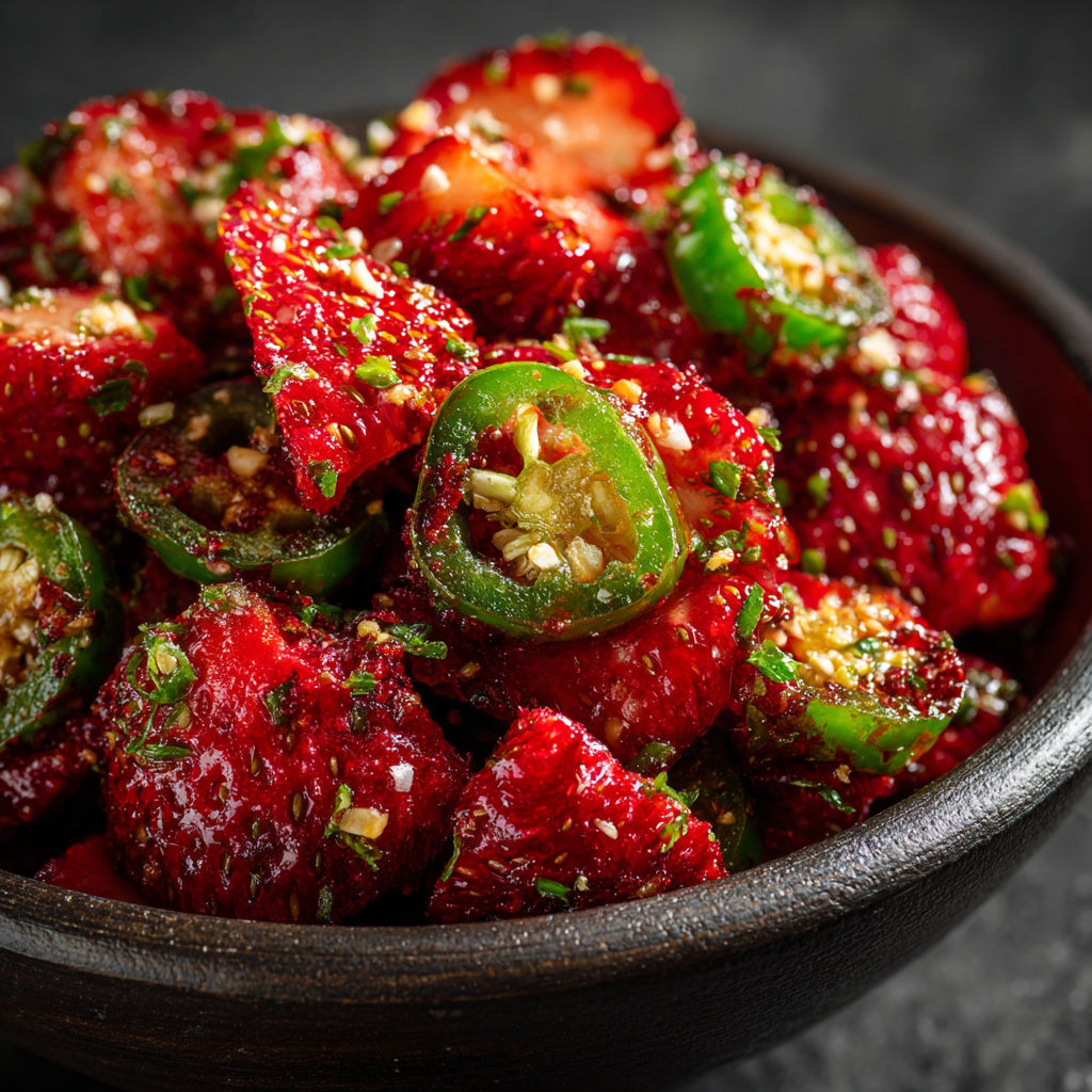 A bowl of red peppers with green toppings, possibly jalapenos, and a sprinkle of spices.