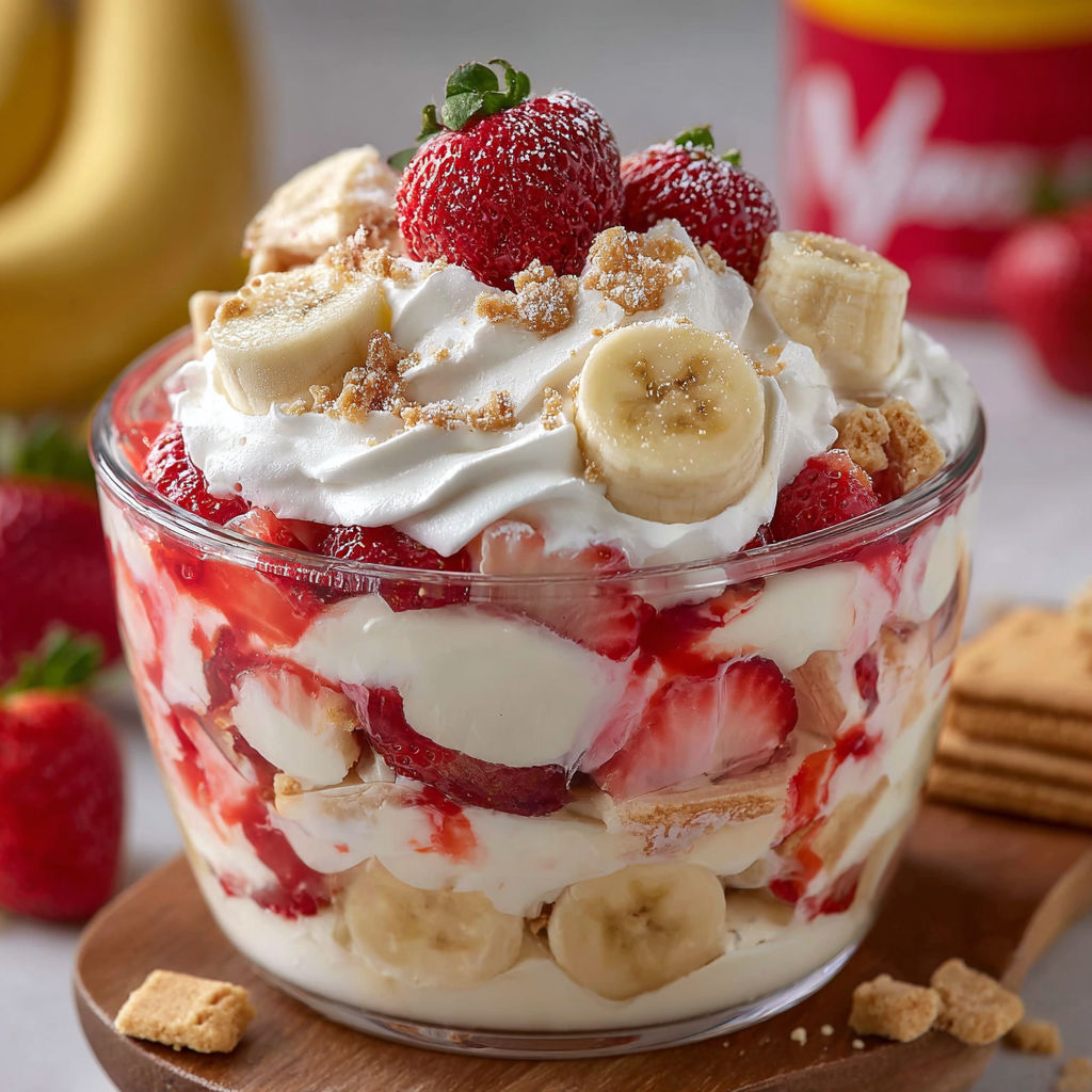 A delicious dessert made with strawberries, bananas, and whipped cream, topped with a cookie.