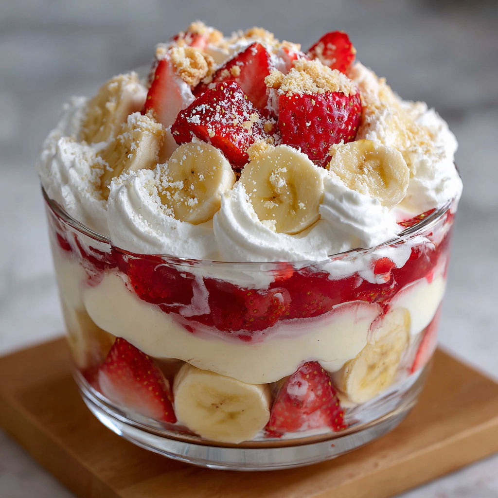 A delicious dessert in a glass bowl, topped with bananas and strawberries, and whipped cream.