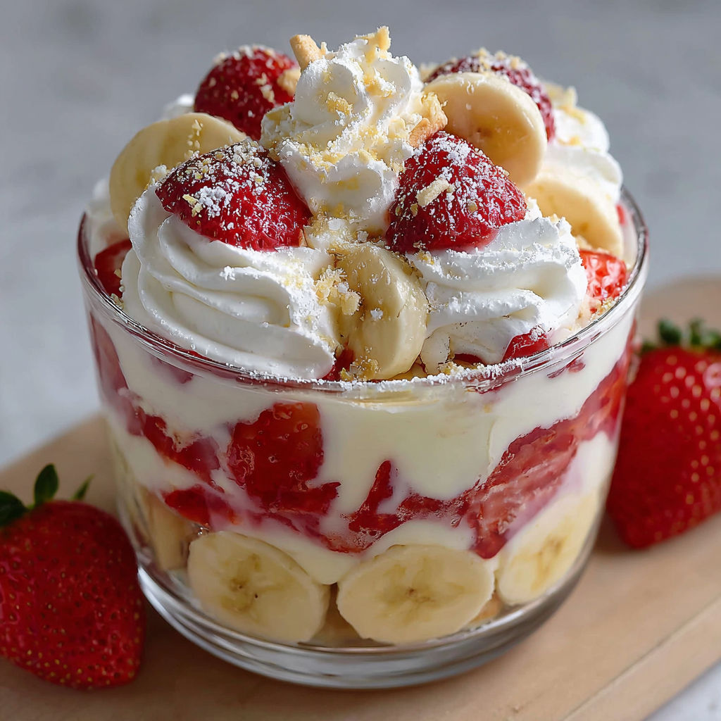 A delicious dessert in a glass bowl, topped with bananas, strawberries, and whipped cream.