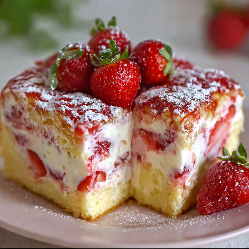 A slice of Strawberry Cream Cheese Butter Cake with strawberries on top.