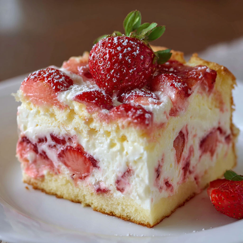 A slice of strawberry cheesecake with a strawberry on top.