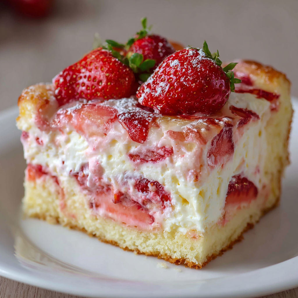 A slice of strawberry cake with whipped cream on a white plate.
