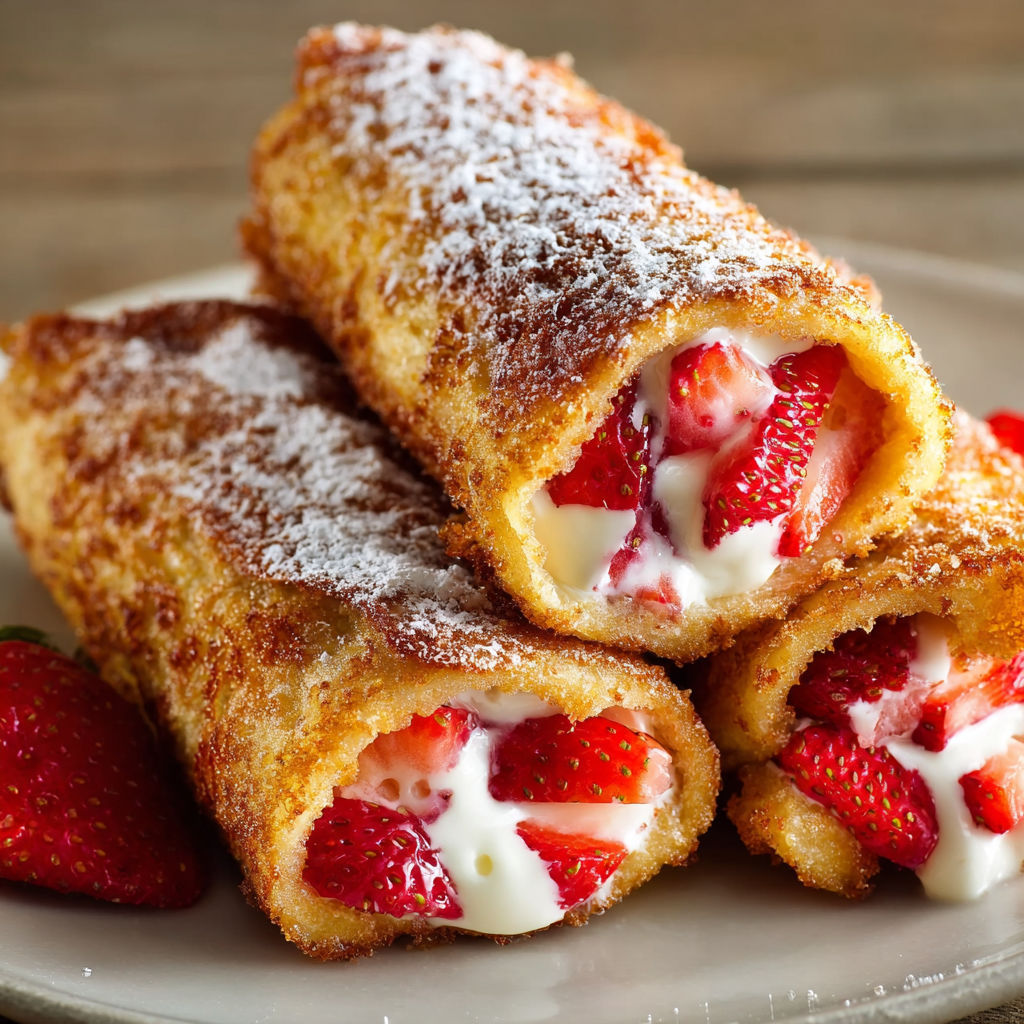 A plate of Strawberry French Toast Roll Ups, topped with whipped cream and strawberries.