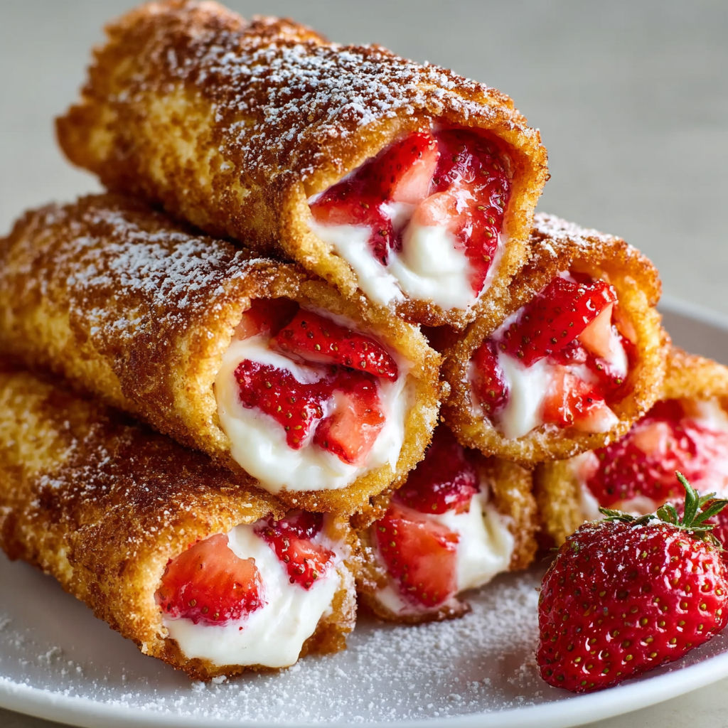 A plate of strawberry cream filled pastries with a strawberry on the side.