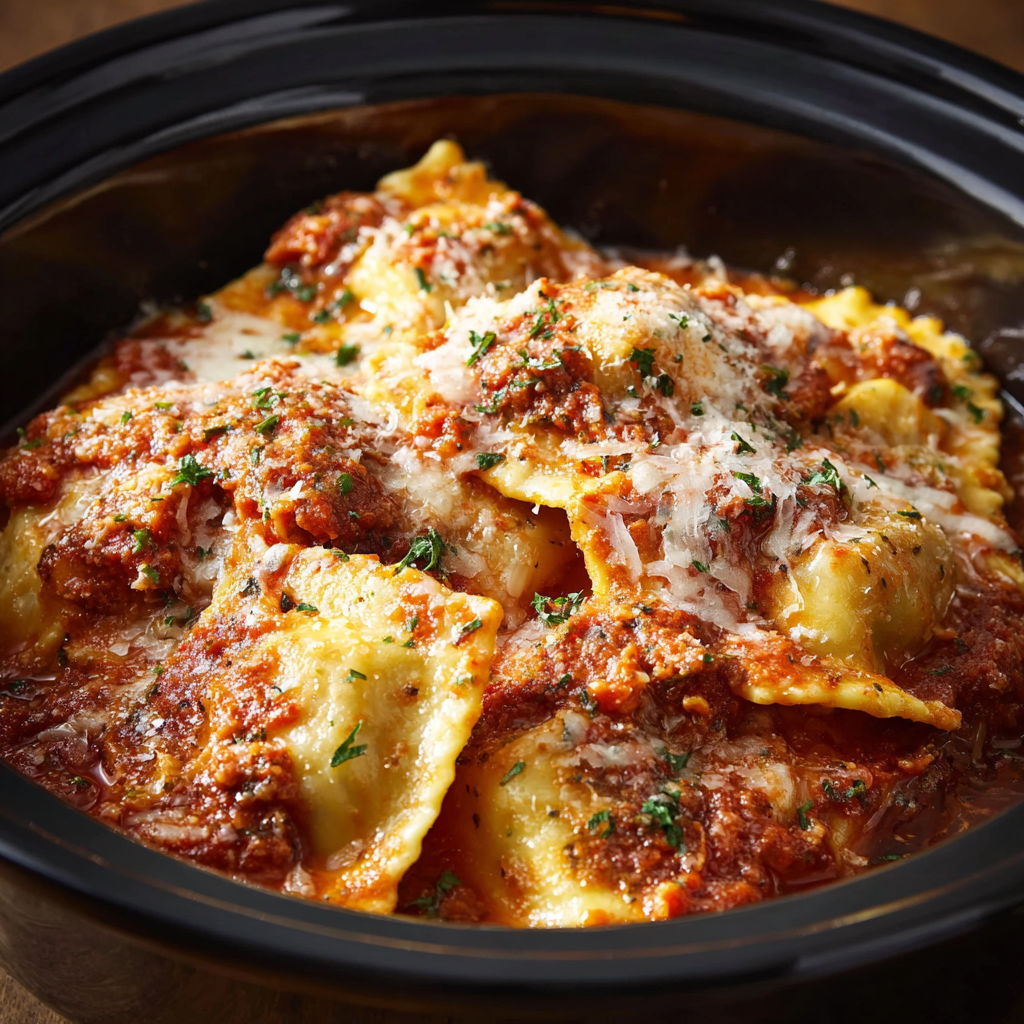 A bowl of Slow Cooker Ravioli filled with cheese and tomato sauce.