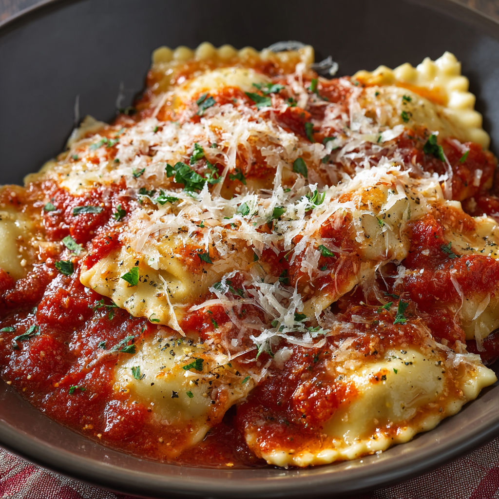 A bowl of pasta with tomato sauce and cheese, served with a side of green herbs.
