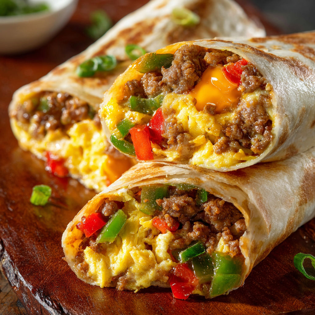 Two delicious sausage breakfast burritos with eggs and peppers.