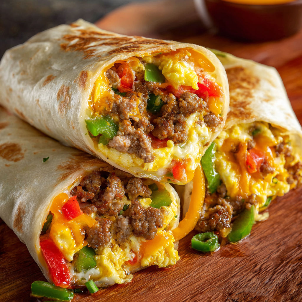 A delicious breakfast burrito filled with eggs, peppers, and meat.