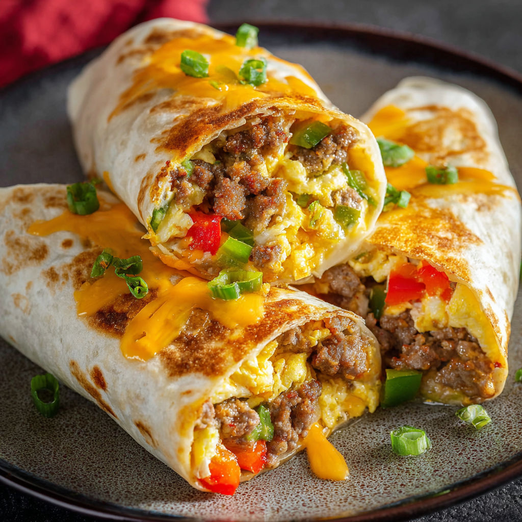 A delicious breakfast burrito with meat, cheese, and vegetables, served on a plate.