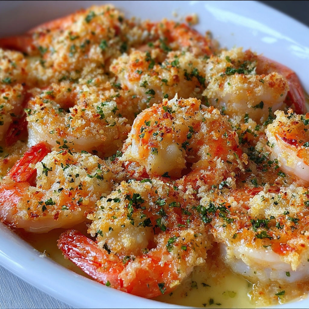 A dish of Parmesan Garlic Baked Shrimp is served in a white bowl.