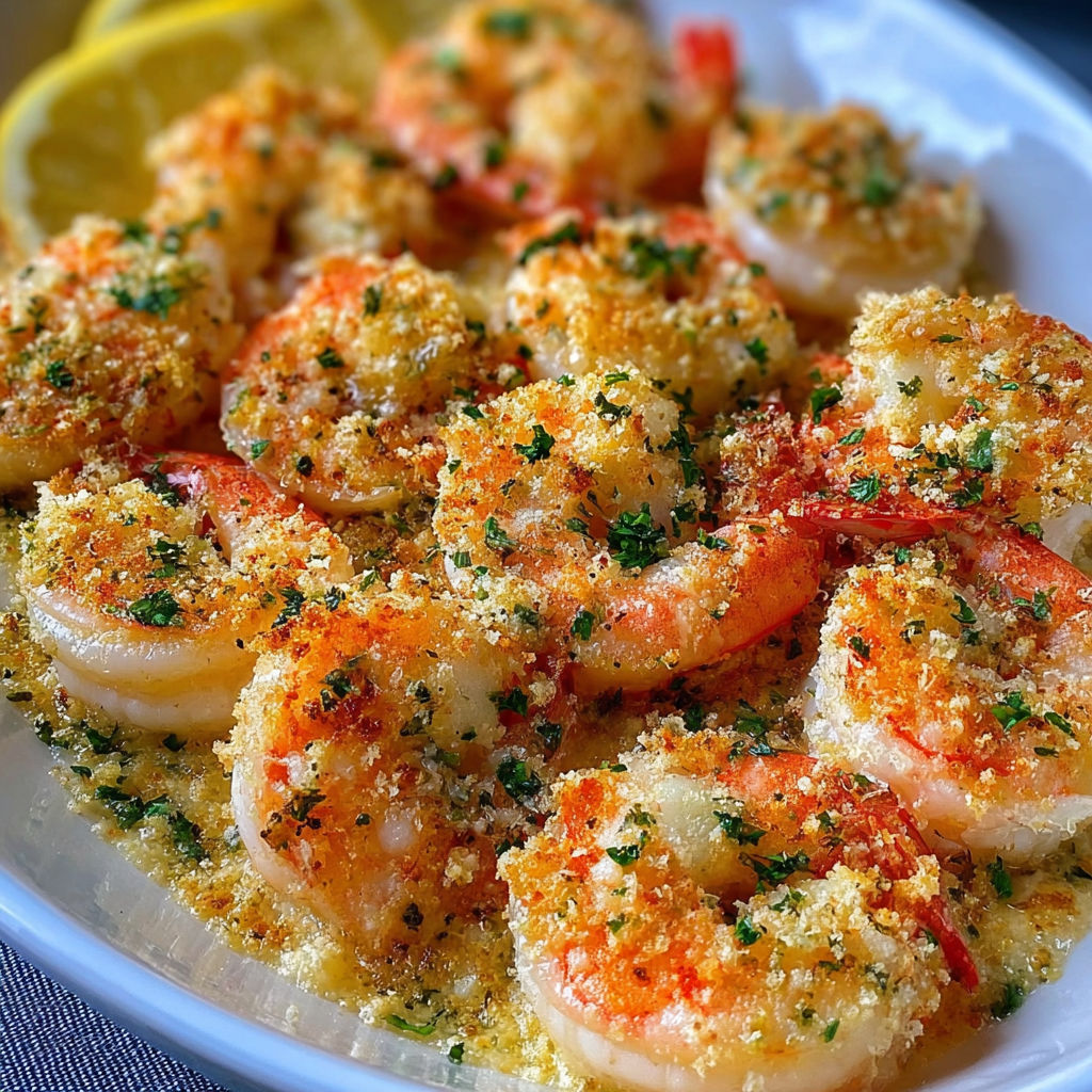 A plate of shrimp and rice with a lemon wedge on top.