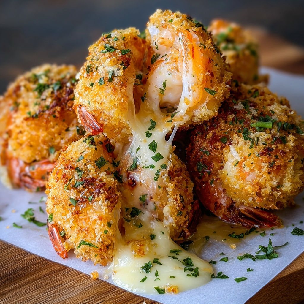 A delicious appetizer, Crispy Cheesy Garlic Shrimp Bombs, is served on a wooden platter.