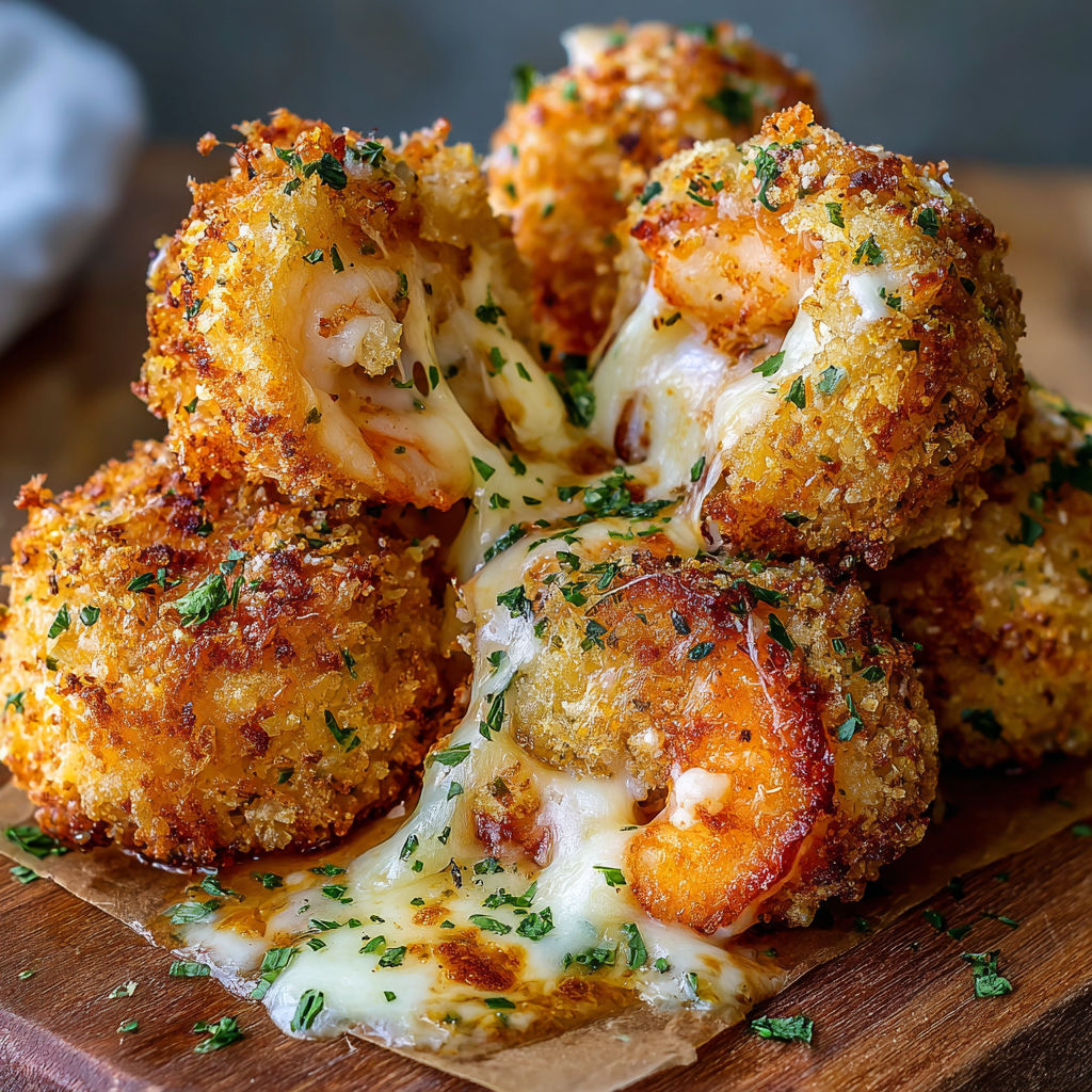 A plate of cheesy breaded shrimp on a wooden cutting board.