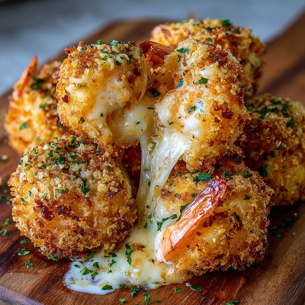 A wooden cutting board with a variety of shrimp and cheese appetizers.