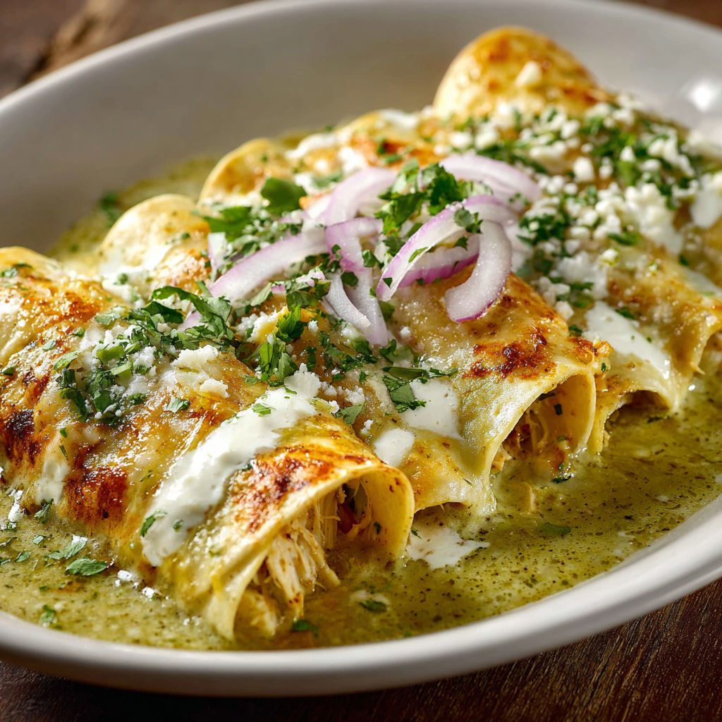 A plate of enchiladas suizas, topped with sour cream and onions, sits on a wooden table.