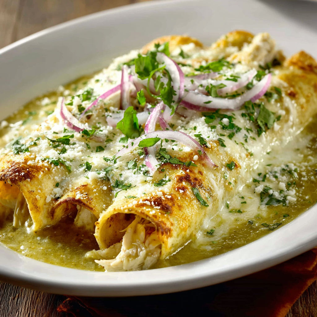 A plate of food with a chicken enchilada and a side of guacamole.